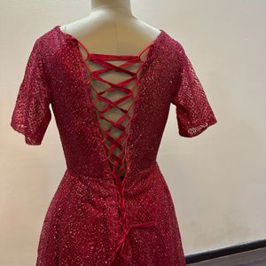 Scarlet Red Self Embellished Back Tie Up Gown