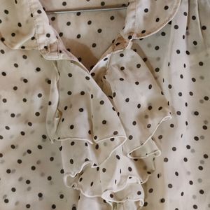 Cute Frilled Polka Print Off White Mesh Shirt