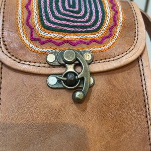 Leather Sling Bag With Woolen Art Work