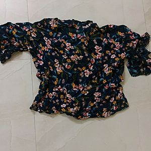 Navy Floral Print Top For Girls