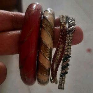 4 Set of bangles -1wooden ,3metal with Stones