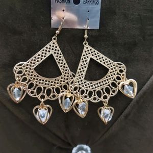 Beautiful Golden Earings With Silver Heart Hanging