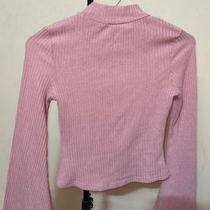 Shein Bell Shaped Sleeves Pink Ribbed Top