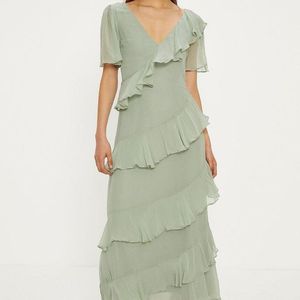 Asymmetric Ruffle Tiered Angel Sleeve Maxi Dress