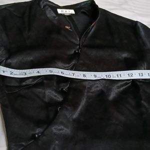 Women Black Satin Chinese Style Side Button Top