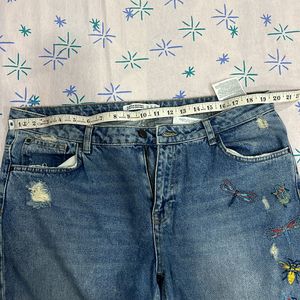 Zara Ripped Denim Jeans With Embroidery