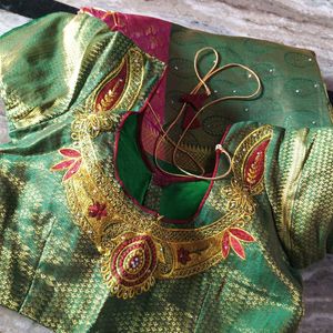 Pink And Parrot Green Pattu Saree.