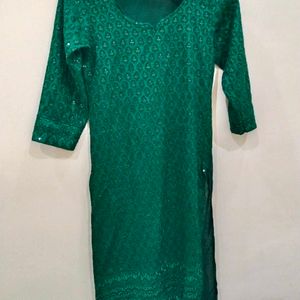 Green Chicken Work Embellished Kurta For Women