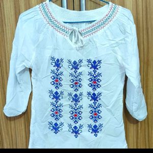 White Colored Top With Blue Embroidery Design, Pur
