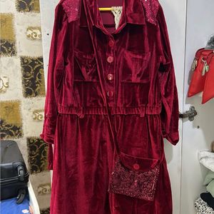 Maroon Velvet Party Wear New Dress With Bag