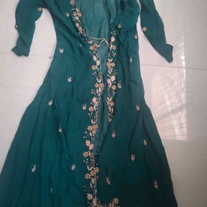 Beautiful Designer Bottle Green Kurti With Shrug