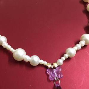 Pearl Bead W Butterfly&Teardrop Pendant Necklace