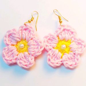 Handmade Crochet Pink Flower Earrings