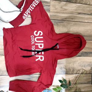 Red Color Crop Hoodie