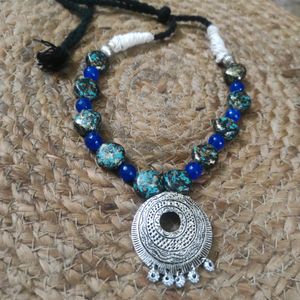 Blue Onyx Stone Necklace With Oxidized Pendant