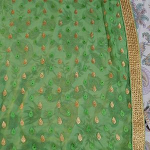 Green, Golden And Cream Saree