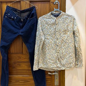 Beautiful Floral Shirt And Jean Combo Used 2-3 Tym