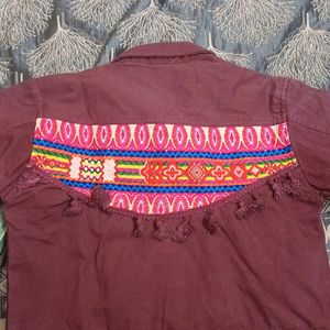 Purple Coloured Denim Embroidered Jacket