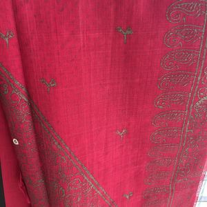 Deep Red Golden Printed Cotton Sari