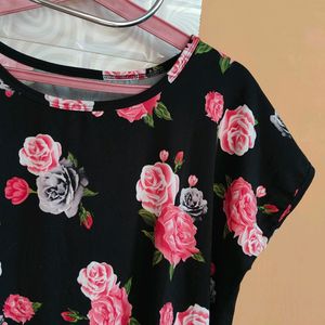 Black Floral Print Long T Shirt