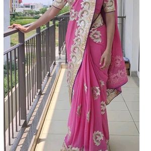 Pink Pure Georgette Gota Patti Saree