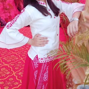 White Top And Red Side Cut Long Skirt (Ethnic Wear)