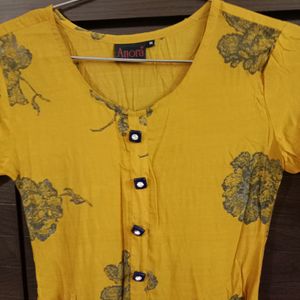 V-U Neck Yellow Floral Kurti | Waist-28 |