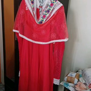 XL Size Hot Red Frock With Scarf