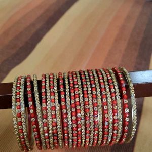 Women Red & Golden Glass Embellished Bangle Set 24