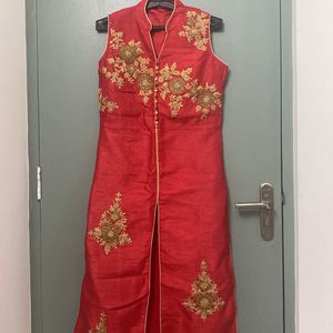 Red Festive Kurta With Big Slit In The Middle