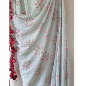 Sage Floral Foil Pre- Stitched Saree