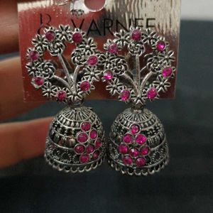 Silver Jhumka With Pink