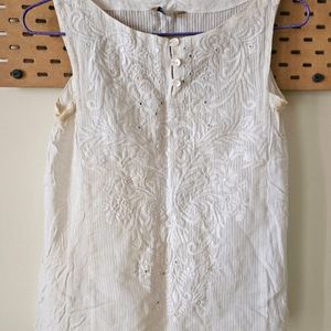 Global Desi Embroidered Off White Sleeveless Top