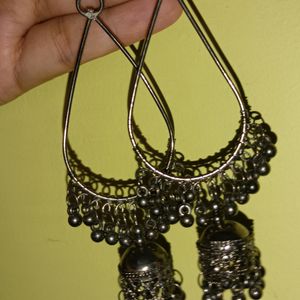 Oxidised Jhumka And Small Red Earrings