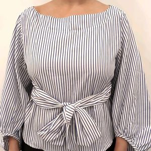 Blue Striped White Balloon Sleeve Top