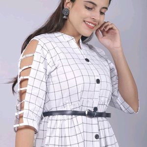 White Checked Printed Dress