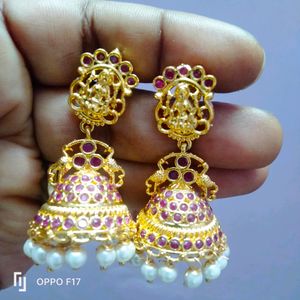 New 1 Gram Gold Plated American Dimand  With Pearl Beaded Jhumka