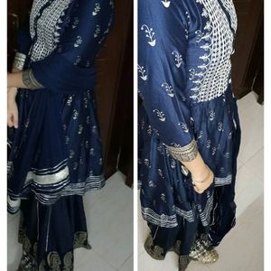 Festive Women Blue Thread Embroidery Printed Suit