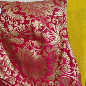 Yellow And Gold Saree With Red Banarasi Silkblouse