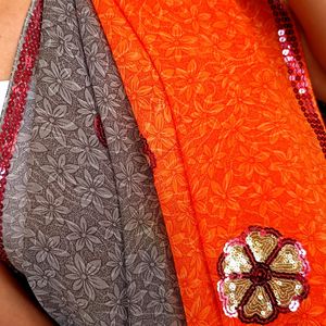 Vibrant Orange Saree with Sequin Detailing