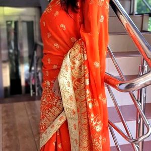 Gorgeous Orange Embroidered Saree With Blouse