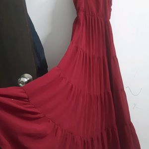 SASSAFRAS Brand Red Color Flared Maxi Dress