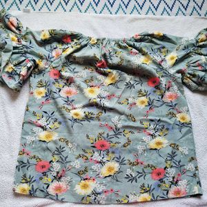 Mint Floral Top With Bell Hands, M Size