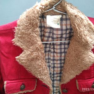 RED CORDUROY JACKET WITH FAUX FUR