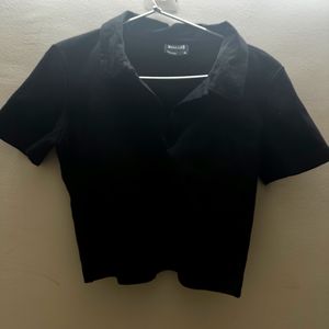 Black Ribbed Crop Polo