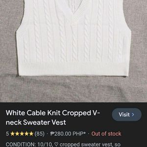 Cream Cable Knit Cropped V-neck Sweater Vest.