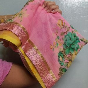 Pink Saare With Yellow Blouse Piece