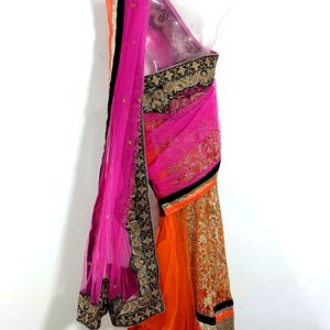 Rose Pink & Orange Lehenga Style Saree (Women)