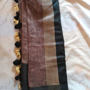 Linen embroidery Saree With Pompom Lace