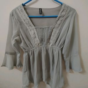 Grey Flared Sleeves Western Snatched Waist Top